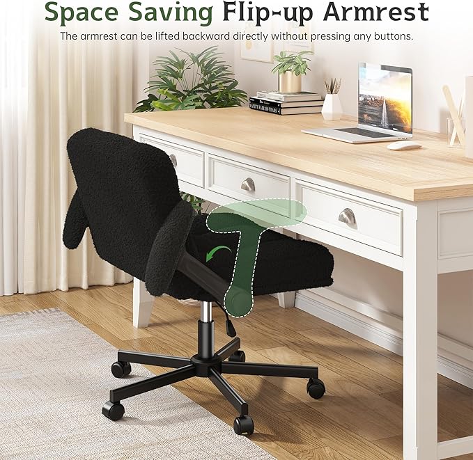 Criss Cross Chair with Wheels, Cross Legged Office Chair with Flip-up Armrests, Wide Desk Chair for Bedroom, Home Office, Apartment, Plush Fabric, Black