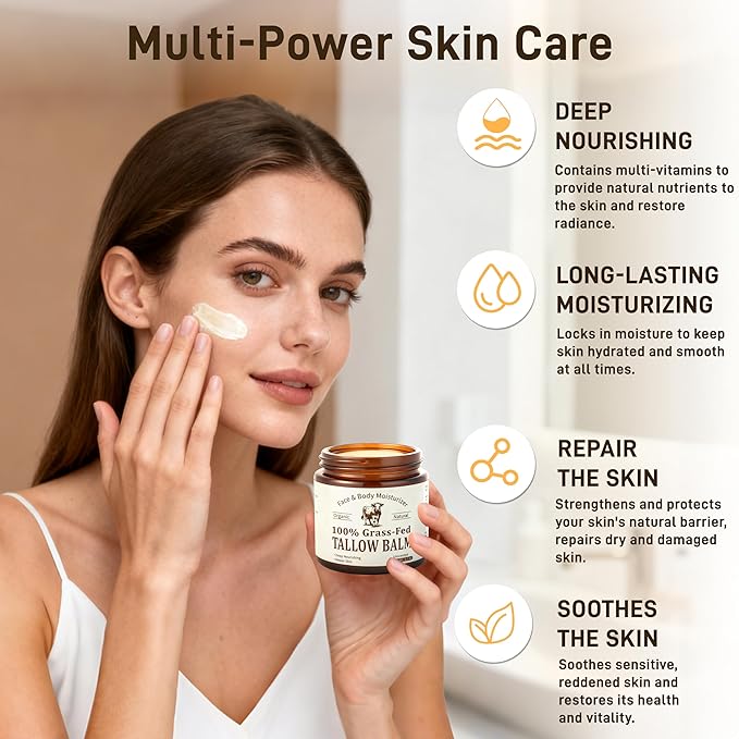 Veakoo Beef Tallow for Skin & Face, Organic Grass Fed Beef Tallow Balm, Unscented Natural Tallow Face Moisturizer, Body Butter, Moisturizing Cream for Women Men, Nourish Soothe Dry Skin