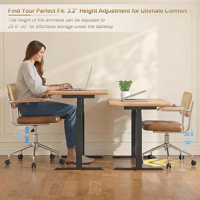 Zesthouse Leather Office Desk Chair with Wheels, Mid Century Rolling Desk Chair with Wood Arm & Natural Rattan Back, Modern Swivel Home Office Chair, Small Height Adjustable Computer Task Chair, Brown