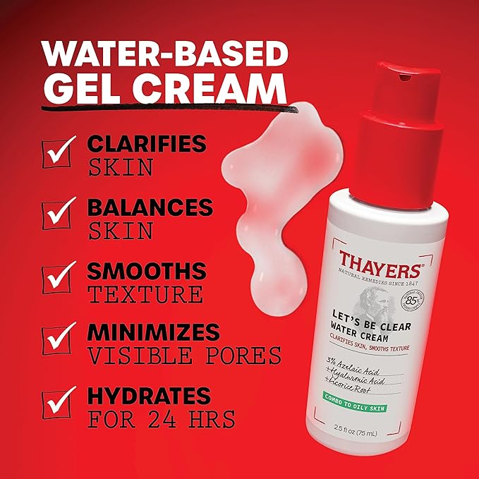 THAYERS Let's Be Clear Water Face Cream,Moisturizer with Azelaic Acid and Hyaluronic Acid,Skin Care for Combination to Oily Skin,2.5 Oz,(Pack of 2)