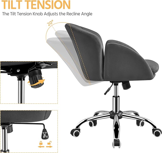 Yaheetech Cute Velvet Desk Chair Makeup Vanity Chair with Wheels for Bedroom Modern Swivel Rolling Chair for Home Office Dark Gray