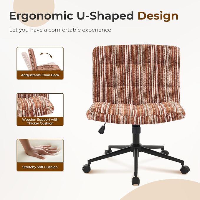 Furnimart 360° Swivel Criss Cross Desk Chair Extra-Thick Cushion, Premium Chenille Cross Legged Chair with Wide Seat & Wheels, Comfy Armless Home Office Chair for Bedroom, Vanity, Sturdy (Dark Brown)