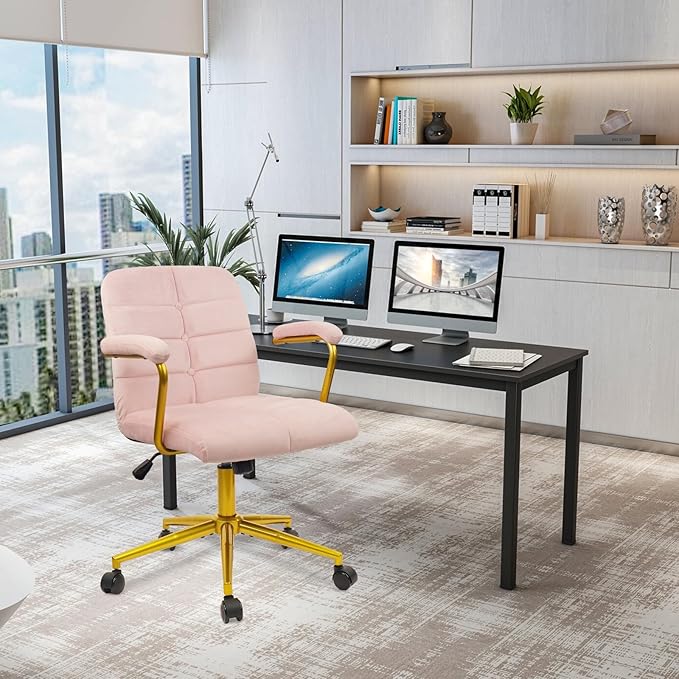 CLATINA Velvet Office Desk Chair with Armrests and Wheels, Modern Upholstered Vanity Chairs with Gold Base, Height Adjustabe Swivel Home Task Chair for Bedroom, Study, Living Room, Work, Pink