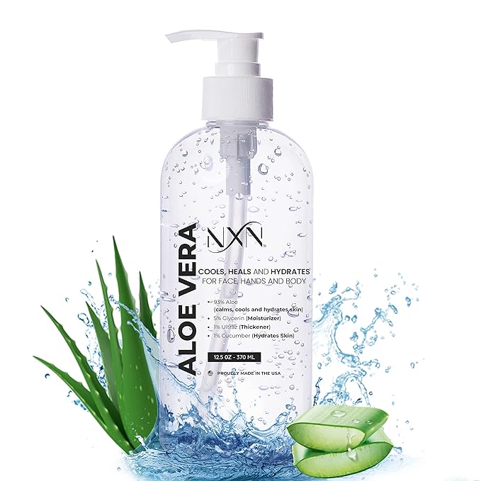 NXN Aloe Vera Gel, For Face, Body & Hair, Moisturizer for Sunburn, Dry Skin & Aftershave – Made in USA, Cold Pressed, Non-Sticky, Fragrance Free 12oz