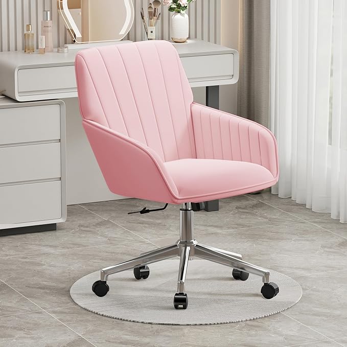 YISHENG Velvet Office Desk Chair with Silver Base, with Wheels,Modern Height Adjustable 360 Degree Swivel Upholstered Vanity Chairs with Arms for Living Room Bedroom,Pink