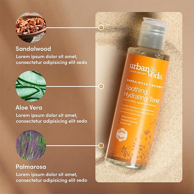 Urban Veda Soothing Hydrating Face Toner | Soothing and Calming | for Dry, Mature, Sensitive & Inflamed Skin | Contains Sandalwood, Organic Aloe Vera & Rose Water for Face | 5.07 Fl oz