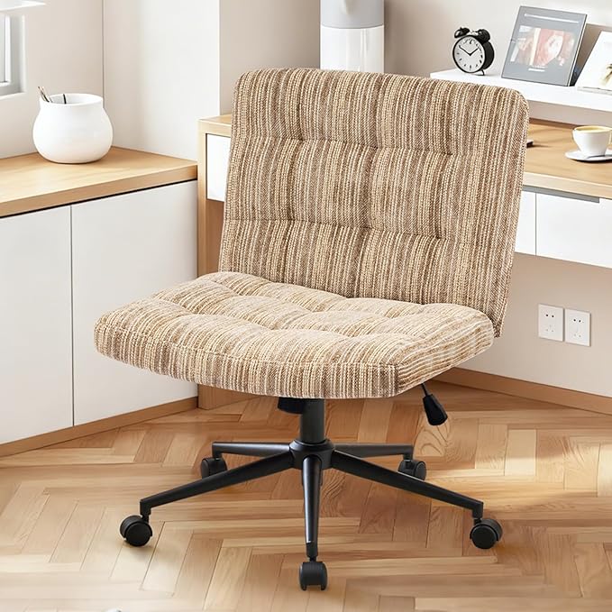 Furnimart 360° Swivel Criss Cross Desk Chair Extra-Thick Cushion, Premium Chenille Cross Legged Chair with Wide Seat & Wheels, Comfy Armless Home Office Chair for Bedroom, Vanity, Sturdy (Light Brown)
