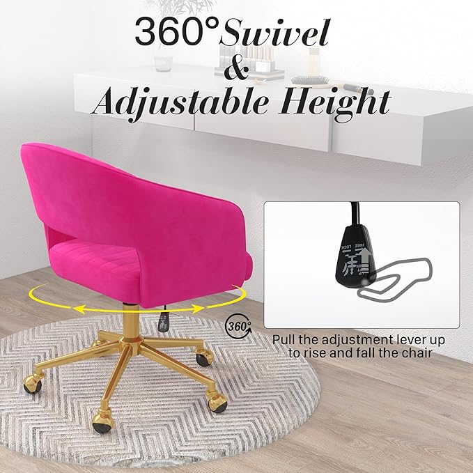 Home Office Swivel Desk Chair, Modern Velvet Vanity Chair, Height Adjustable Armchair with Gold Base, Ergonomic Office Chair for Task Study Computer Room, Hot Pink