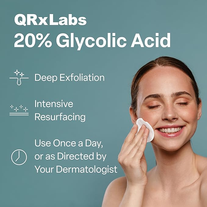QRxLabs Glycolic Acid Pads - 20% Resurfacing Pads AHA for Face & Body - Exfoliates Skin Surface and Reduces Appearance of Fine Lines and Wrinkles - Acne Treatment Clearing - Daily Pads - 50ct