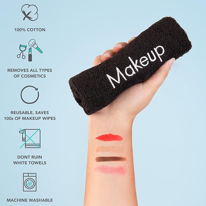 Arkwright Makeup Remover Fingertip Towels Bulk - 100% Cotton Face Towels, Soft Reusable Washcloths, Gentle Facial Cleansing for Waterproof Makeup, 11 x 17, Black (Case of 144)