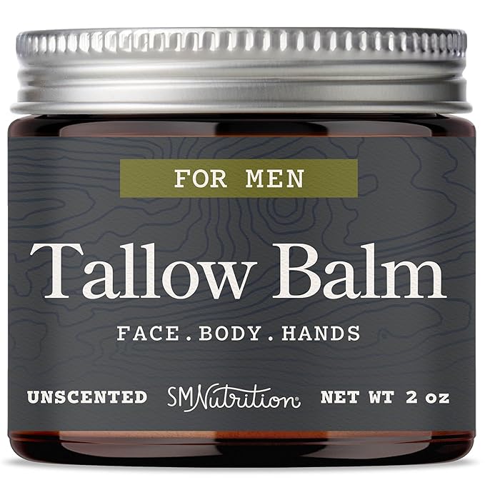 Beef Tallow Balm for Men | Face & Body | Men’s Beef Tallow for Skin Health & Barrier Support | Unscented | Moisturizing Face, Body & Hands Balm with Organic Beeswax | Grass-Fed & Cruelty-Free | 2 oz