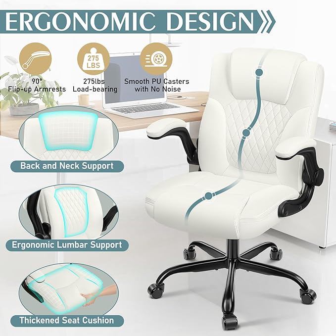 Leather Office Chair, PU Home Computer Desk Chairs with Ergonomic Back Support, 360°Swivel Free，Small Gaming Chair with Wheels and Adjustable Armrests, for Short People Use