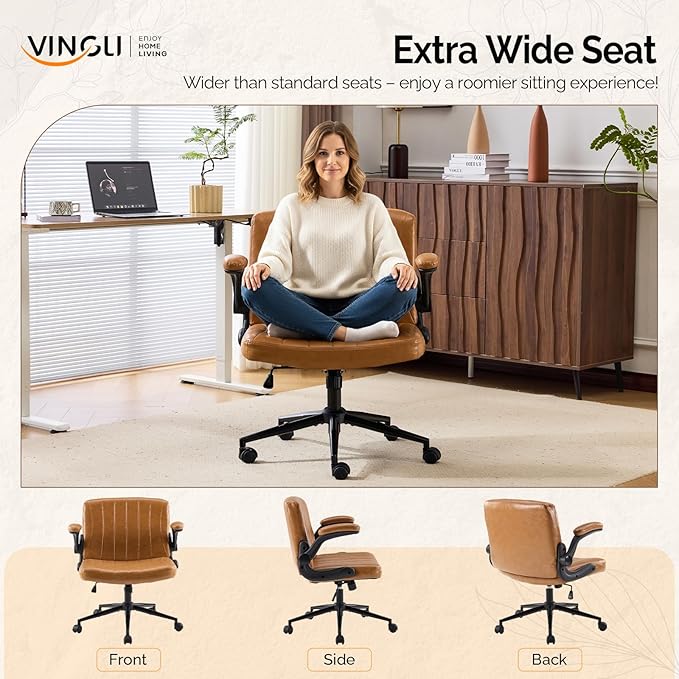 VINGLI Criss Cross Chair with Adjustable Flip-Up Arms,Cross Legged Chair with Wheels, Extra Wide Office Chair,Comfortable Desk Chair for Home Office, Vanity, Bedroom,PU Leather,Clay