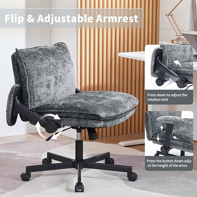 Cross Legged Office Chair, Height Adjustable Swivel Desk Chair with Flip-Up Arms, Padded Criss Cross Chair for Home Office & Bedroom