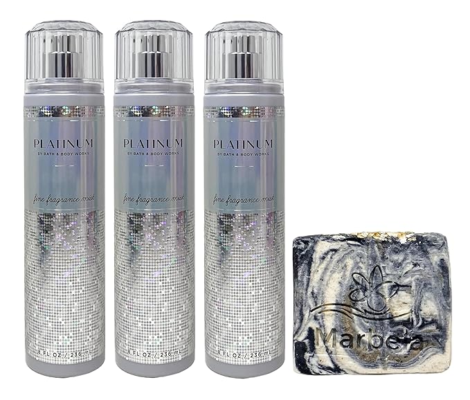 Bath & Body Works Platinum 3 Pack Fine Fragrance Mist Bundle with a Charcoal Scrub Bar Soap - Full Size