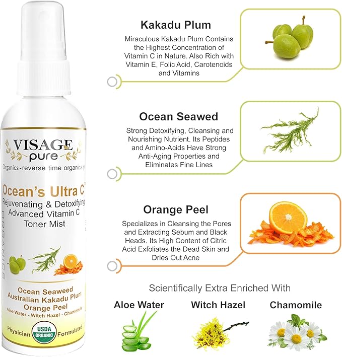 Ocean's Ultra C - Brightening and Detoxifying Anti-Aging Face Toner - Tightens and Clarifies The Skin and Minimizes Its Pores - USDA Organic - Physician Formulated - Research Supported