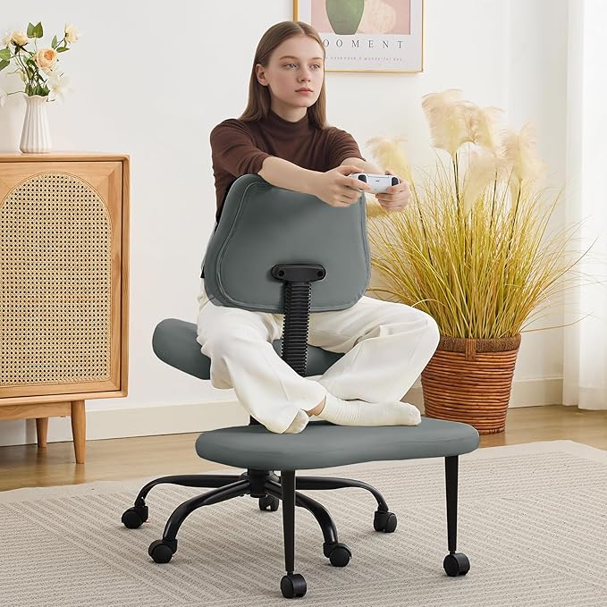 Ergonomic Cross Legged Office Chair, Criss Cross Chair with Wheels, 360°Swivel ADHD Meditation Kneeling Yoga Seat with Adjustable Height, Ergonomic Back Support and Leg Rest, Leather (Gray)