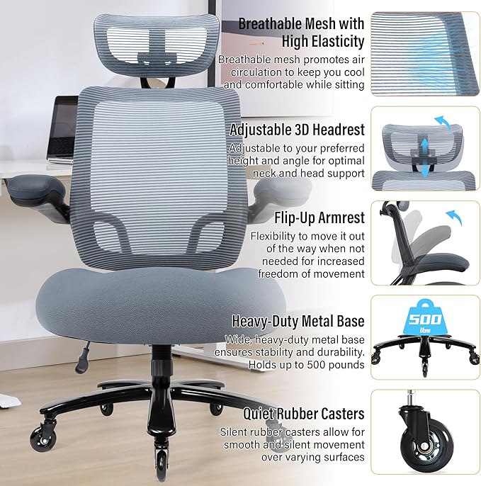 500lbs Big and Tall Office Chair - Heavy Duty Mesh Ergonomic Desk Chair with Headrest, High Back Computer Chair - Flip-up Armrests, Wide Thick Seat Cushion, Quiet Wheels, Grey