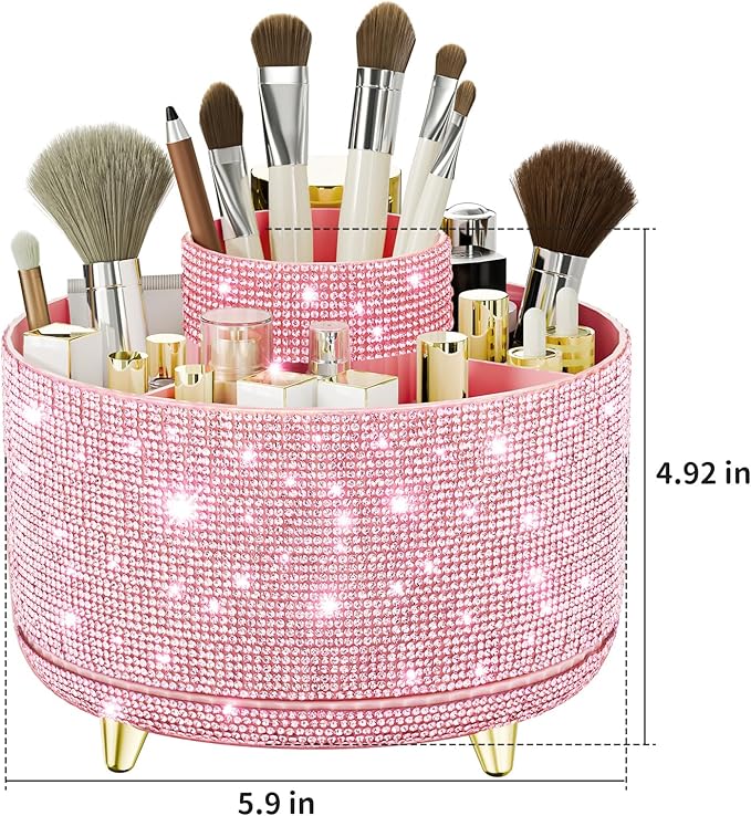 Bling Diamond Makeup Brush Holder, 360° Rotating Makeup Organizer, 5 Slot Make up Brushes Cup for Countertop, Storage for Cosmetics Pen Eyeliner Skincare on the Vanity (Diamond Pink)