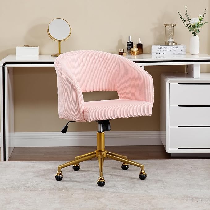 Westice Home Office Desk Chairs, Modern Corduroy Rolling Chair, Height Adjustable Swivel Vanity Chair with Golden Base, Ergonomic Chair for Vanity Study, Living Room Computer Room, Pink