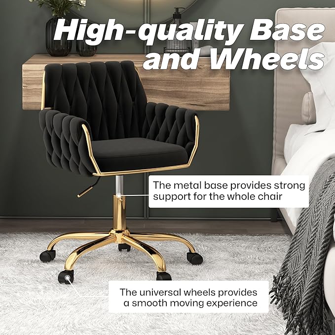 Woven 360°Swivel Desk Chair, Velvet Height Adjustable Home Office Armchair with Golden Base for Teens Women Girls, Upholstery Computer Chair for Home Studios and Office, Woven & Black