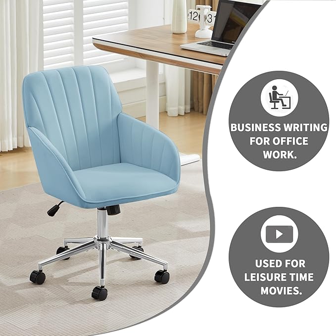 YITAI Velvet Office Desk Armchairs with Silver Base and Wheels,Modern Height Adjustable 360 Degree Swivel Upholstered Vanity Chairs for Living/Room Bedroom/Study,Light Blue