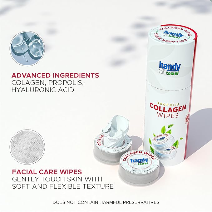 Handy Towel Collagen Facial Care Wipes, Face Care Travel-Size Magic Wipes, Skin Reducing Wrinkles Propolis Towelettes, Hyaluronic Acid Skin Care and Cleanser Wipes Solution, 8 Count
