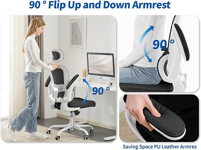TRALT Ergonomic Office Chair - Desk Chair with Adjustable Headrest Lumbar Support Computer Chair - Mesh Comfy Chair with Flip-up Armrests - Gaming Chairs for Adults Home Office (Leather, Black White)