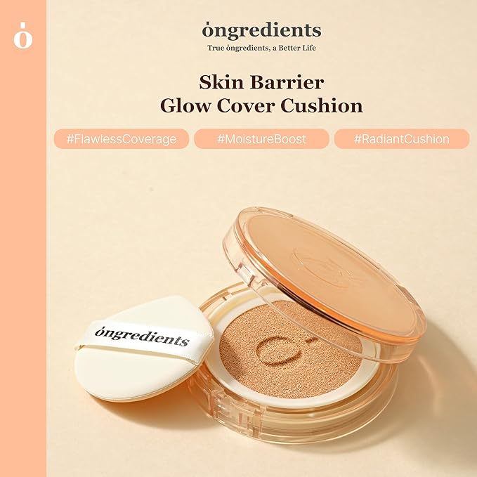 Skin Barrier Glow Cover Cushion, All-day Coverage, Glow Finish, Lightweight, Skincare-Like Texture, Non-cakey Makeup, Korean Cushion Foundation (#34W Sunset, 0.49 oz)