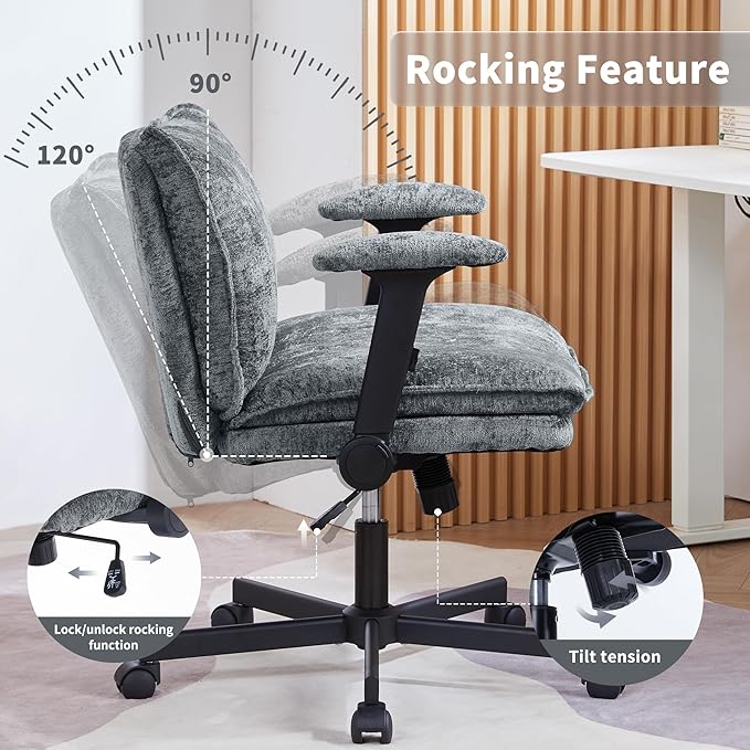 Cross Legged Office Chair, Height Adjustable Swivel Desk Chair with Flip-Up Arms, Padded Criss Cross Chair for Home Office & Bedroom