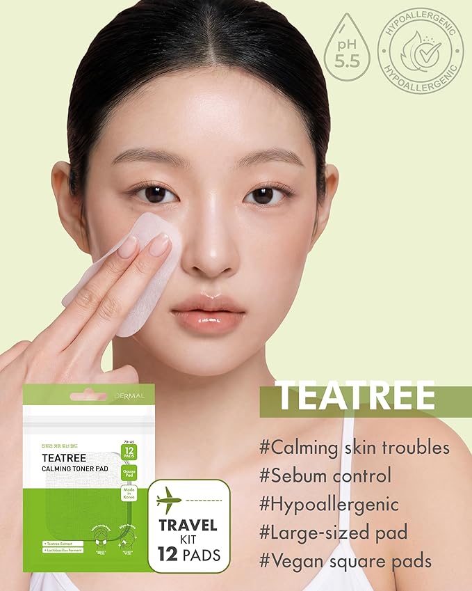 DERMAL Teatree Calming Toner Pad - Korean Toner Pad for Calming & Acne Improvement with Zinc PCA - Vegan Gauze Tencel Square Pads - Travel Kit 12 Pads, 3 Pack (Total 36 ea)