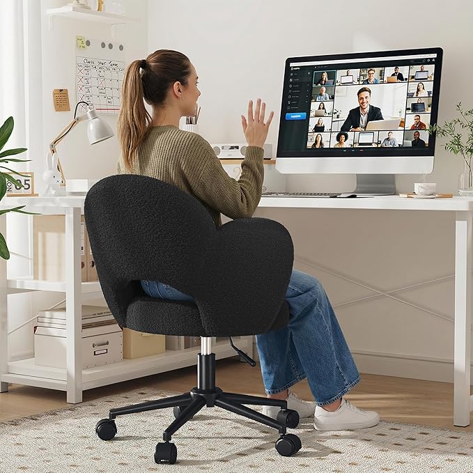 Petal Vanity Chair, Black Vanity Chair with Wheels & Lumbar Support, Height Adjustable, Velvet Cute Desk Chair for Study, Makeup & Relaxation