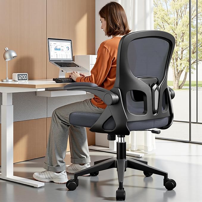 Office Chair Ergonomic Desk Chair, Adjustable Lumbar Support Rolling Swivel Comfy Chair with Space-Saving Flip Up Armrests, Mesh Gaming Chair for Business Work Office & Home, Dark Gray