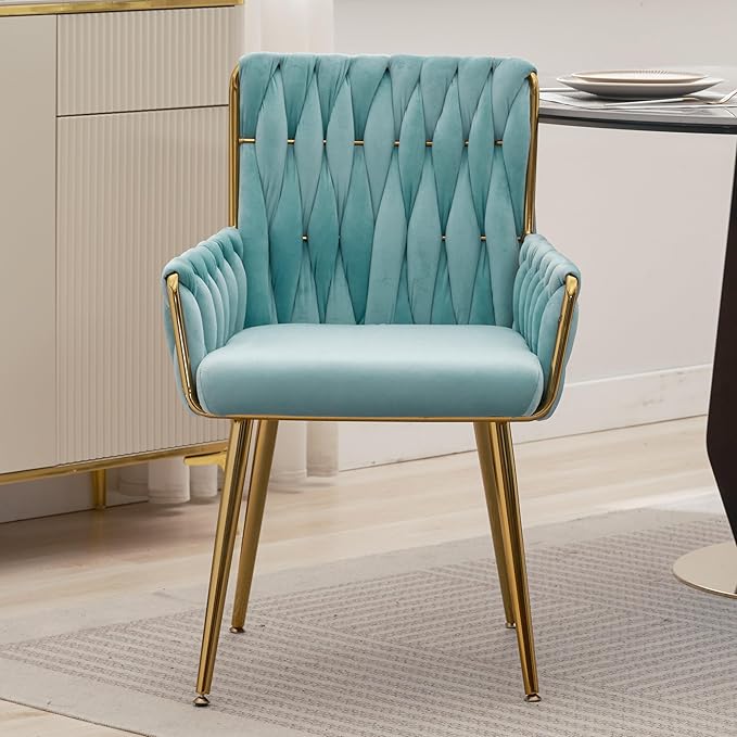 ABET Office Desk Chair No Wheels, Woven Velvet Vanity Chair with Back & Armrest, Comfy Upholstered Cute Gold Metal Legs Makeup Aesthetic Armchair for Girls & Women Bedroom, Nail Spa, Light Blue