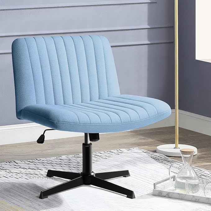 PUKAMI Criss Cross Chair,Comfy Cross Legged Office Desk Chair No Wheels,Modern Fabric Swivel Adjustable Height Mid Back Wide Seat for Home Office Computer (Blue)