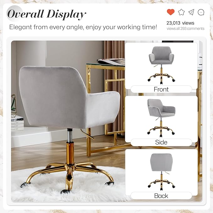 Faux Fur 360°Swivel Desk Chair, Modern Height Adjustable Home Office Armchair with Golden Base for Teens Women Girls, Upholstery Computer Chair for Home Studios, Velvet & Light Grey