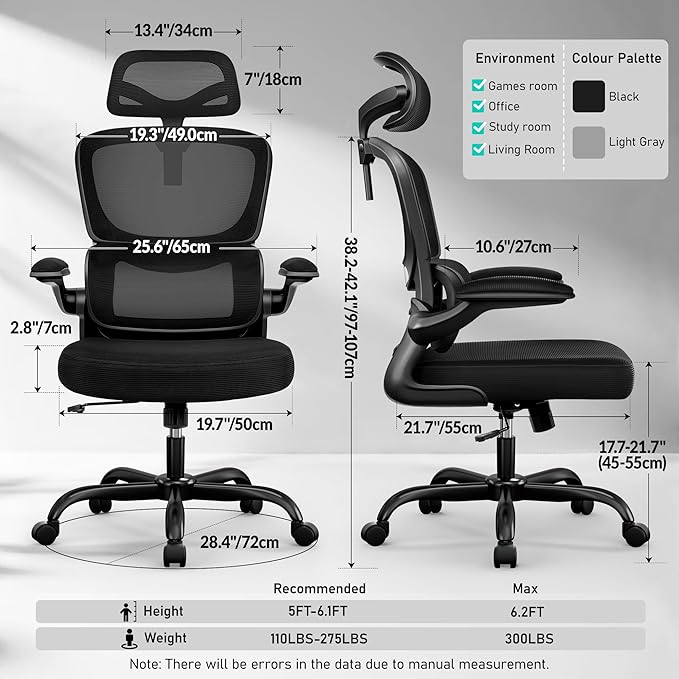 High Back Ergonomic Office Chair, Breathable Mesh Desk Chair with Lumbar Support, Adjustable Headrest, Flip-up Armrests, Computer Gaming Chair, (Black, 1Pack)