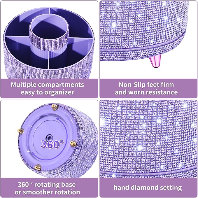 Bling Diamond Makeup Brush Holder, 360° Rotating Makeup Organizer, 5 Slot Make up Brushes Cup for Countertop, Storage for Cosmetics Pen Eyeliner Skincare on the Vanity (Diamond Purple)