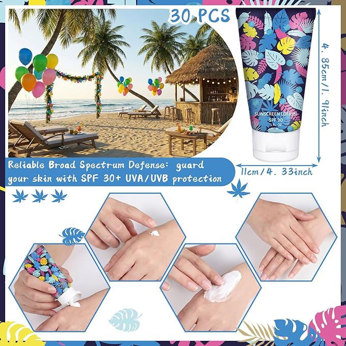 Loopeer 30 Pcs Mini Sunscreen Bulk Travel Size 1 oz Spf 30 Water Resistant Mini Sunscreen Lotion Hawaiian Tropical Leaves Summer Beach Party Favors Gifts for Summer Hawaiian Party Adult(Classic)