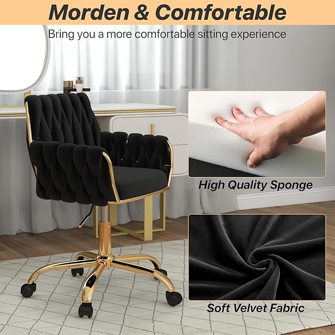 Velvet Modern Home Office Vanity Chair, 360° Swivel Adjustable Height Makeup Desk Chair with Golden Base and Hand Woven Backrest for Bedroom/Study/Vanity (Black)
