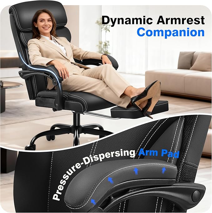 AreShark Office Chair - Ergonomic Comfortable High Back Computer Desk Chair with Foot Rest - Executive Breathable Swivel Rolling Reclining Leather Chair with Lumbar Support for Home Gaming Relaxing