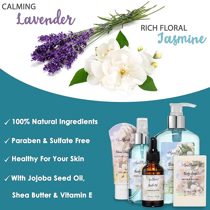 Bath Spa Gift Sets - Luxury Basket With Jasmine & Lavender - Spa Kit Includes Wash, Bubble Bath, Lotion, Bath Salts, Body Scrub, Body Spray, Shower Puff, Bathbombs, Soap and Towel