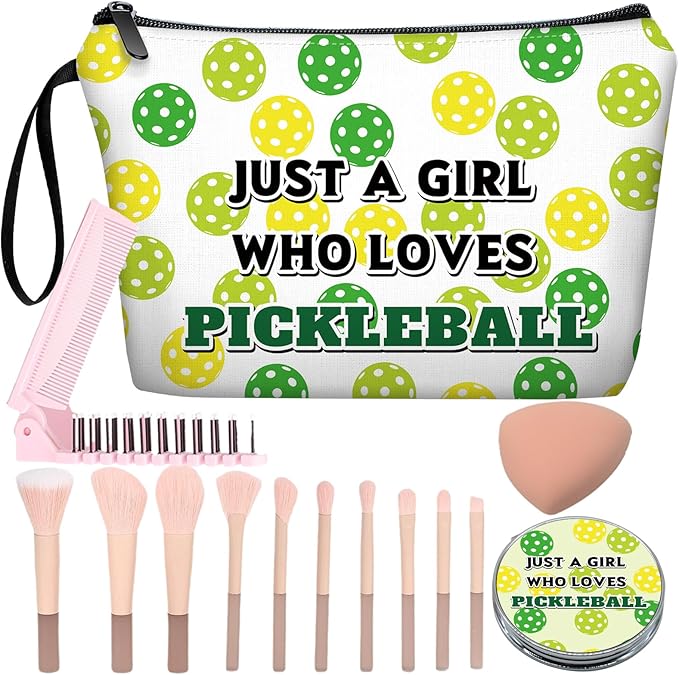 Personalized Pickleball Makeup Bag set with Mirror for girls,Pickleball Lover Player Cosmetic bag kit with10 pieces pink brush set,Pickle ball stuff Gifts for Women Mom femal Friends