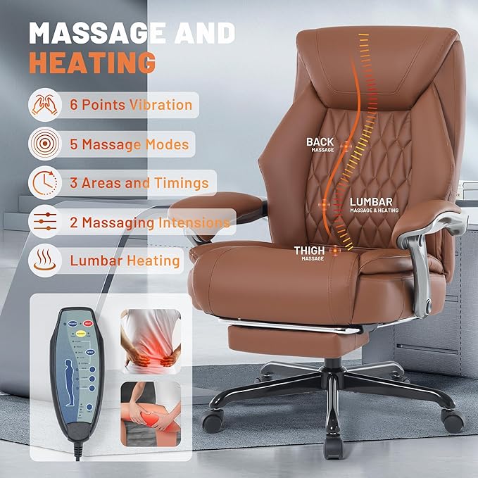 Massage Office Chair with Heating Function & Footrest, 6-Point Vibration, Ergonomic Executive Reclining Desk Chair with Padded Seat for Relaxation, Comfort & Stress Relief