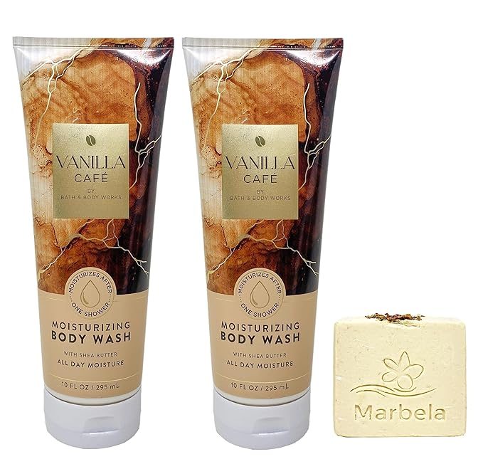 Bath & Body Works Vanilla Café 2 Pack Moisturizing Body Wash Bundle with a Creamy Rose Bar Soap - Full Size