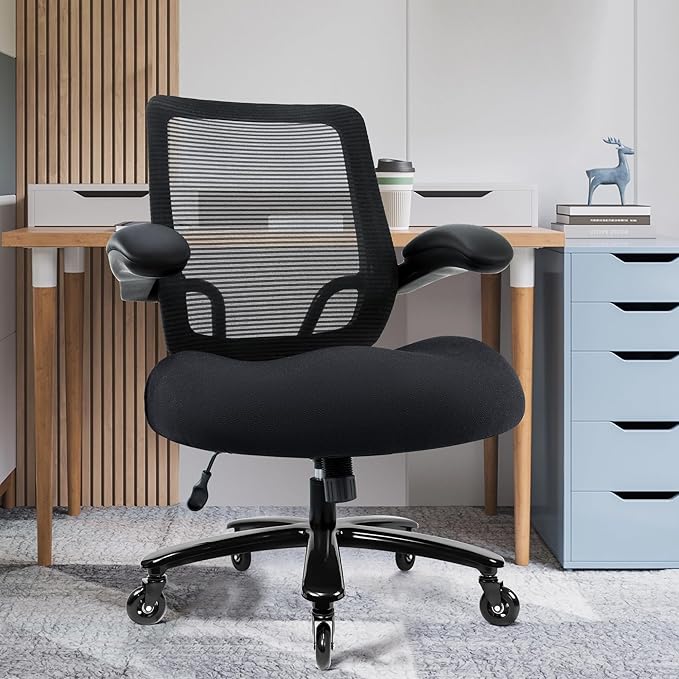 500LBS Big and Tall Office Chair with Flip-Up Armrests, Heavy Duty Office Chair for Heavy People, Memory Foam Seat Filling Springs, Black