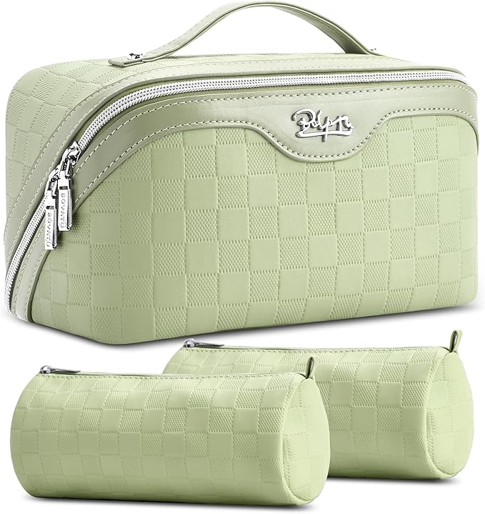 BOYATU Travel Makeup Bag Organizer: 3 Pcs Set Large Capacity Cosmetic Bags Holds 10–20 100ml Full-Size Bottles - 180°Open-Flat Make up Case 3-sec touch-up - Toiletry Bag Gift women (01-D-Green)