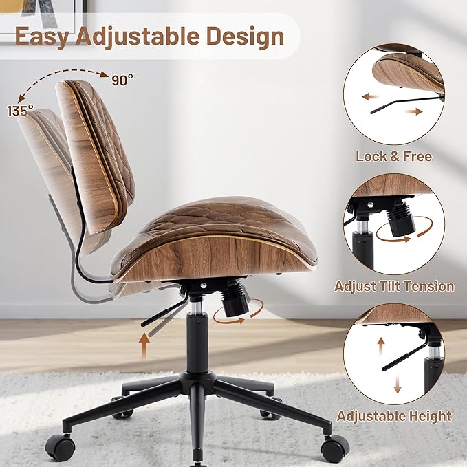 Walnut Bentwood Mid Back Armless Office Chair 1 Pack, Adjustable Height PU Leather Swivel Desk Chair with Wheels, Rolling Computer Task Chair for Home Office, Study, Meeting Room