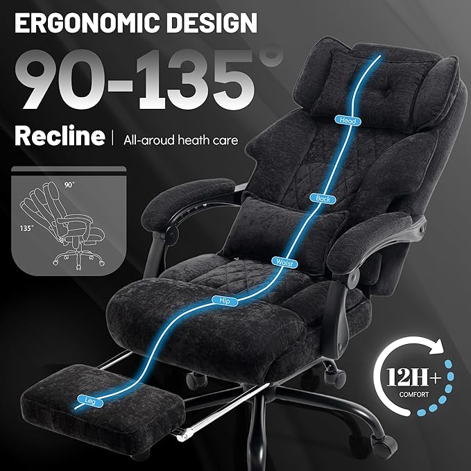 Office Chair with Foot Rest,3D Kneading Massage & Heat Executive Office Chairs for Heavy People,500LBS Big and Tall Office Chair,Ergonomic Reclining Desk Chair,Dual-Use Pillow,Home Office,BlackCloth