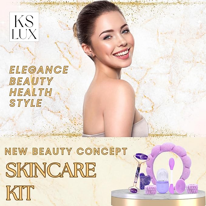 Skincare tools set, facial accessories for skincare, teen skin care kit with jade roller and gua sha set, self care tools, clean girl aesthetic gifts, face kits with gua sha and ice roller KS LUX